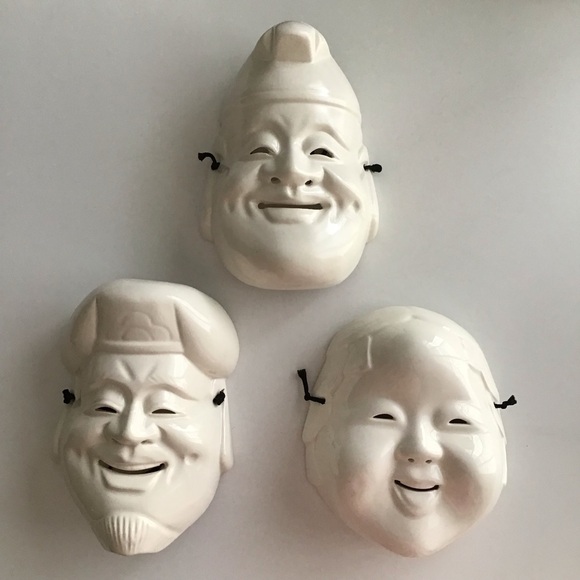 Pier One SET OF 3 White Ceramic Wall Art Masks Japanese Daikoku & Enosis Vintage - Picture 13 of 16